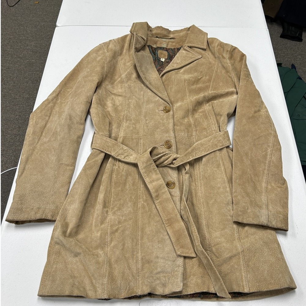 Wilsons leather Suede Trench Coat Womens Large Tan Belted Paisley Lined Jacket